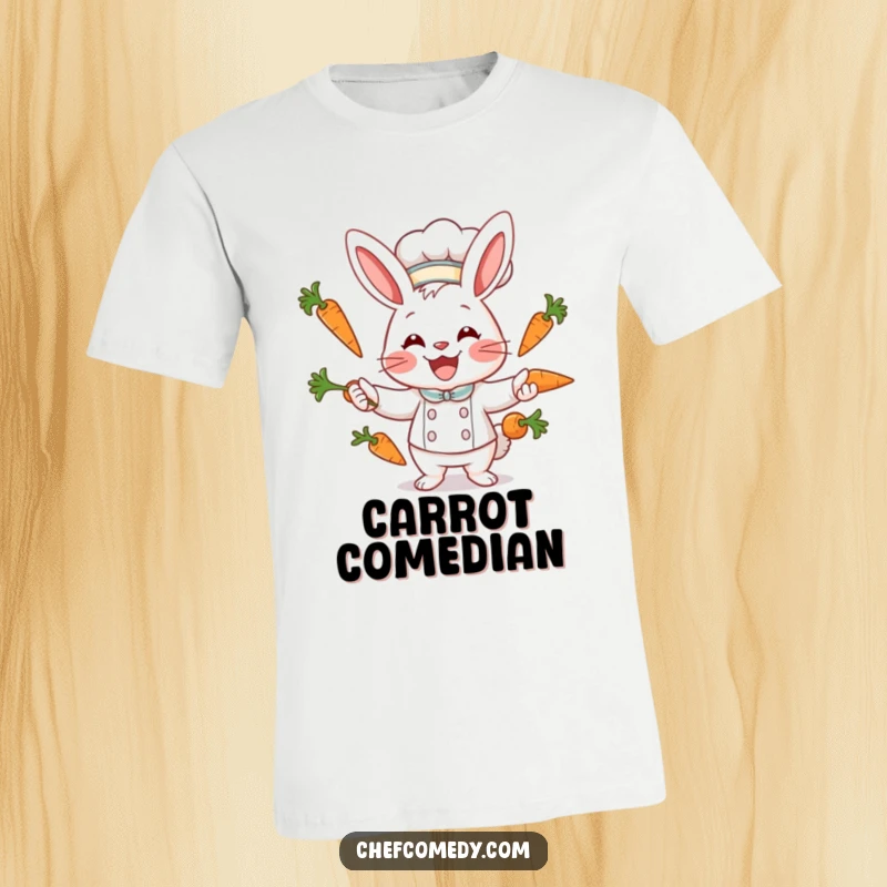 Funny rabbit chef character juggling carrots with a wide smile, looking energetic, ideal for foodie gifts.