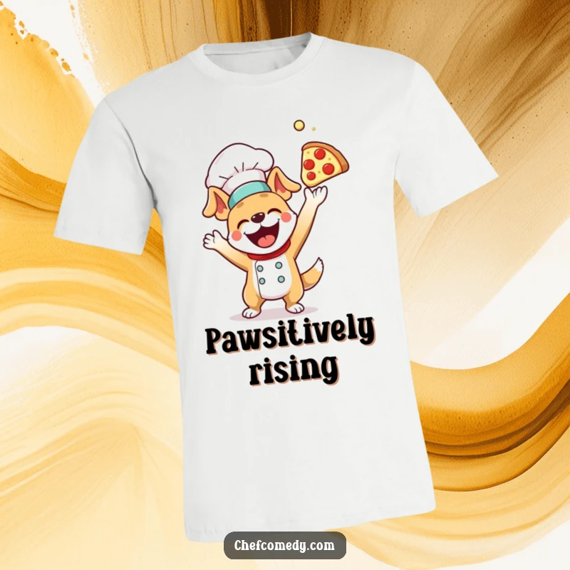 Playful dog chef in action, excitedly tossing a pizza dough way up in the air, perfect for a funny t-shirt.