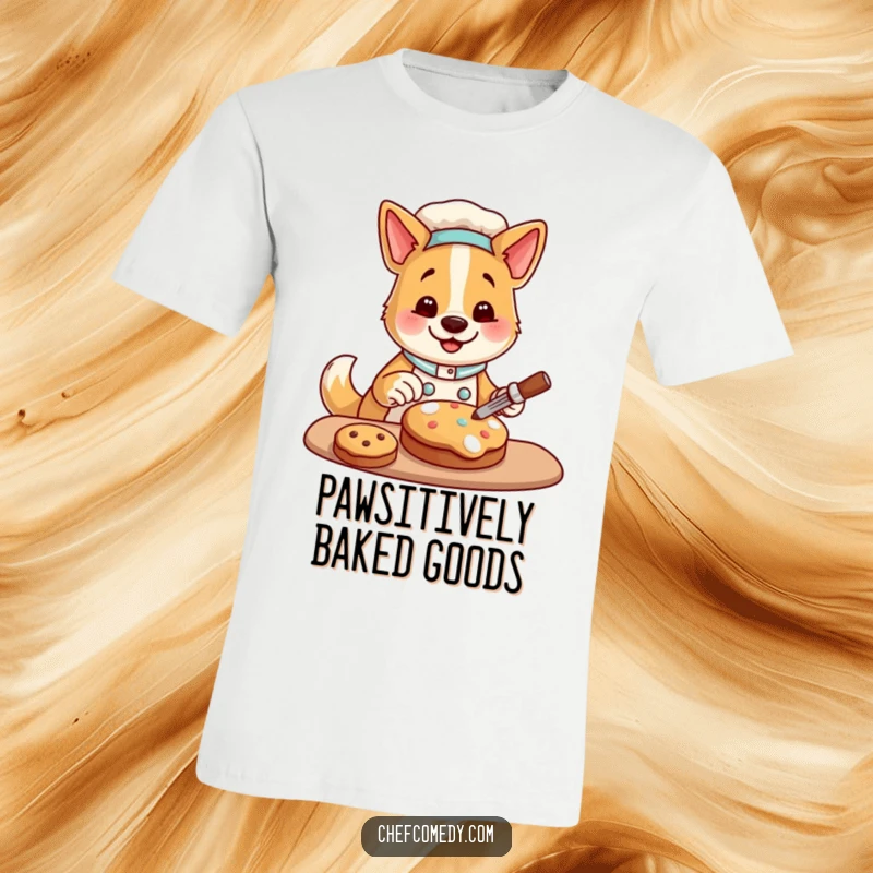 Funny t-shirt featuring a happy dog chef character decorating a cookie with joy, ideal for bakers and a charming funny gift.