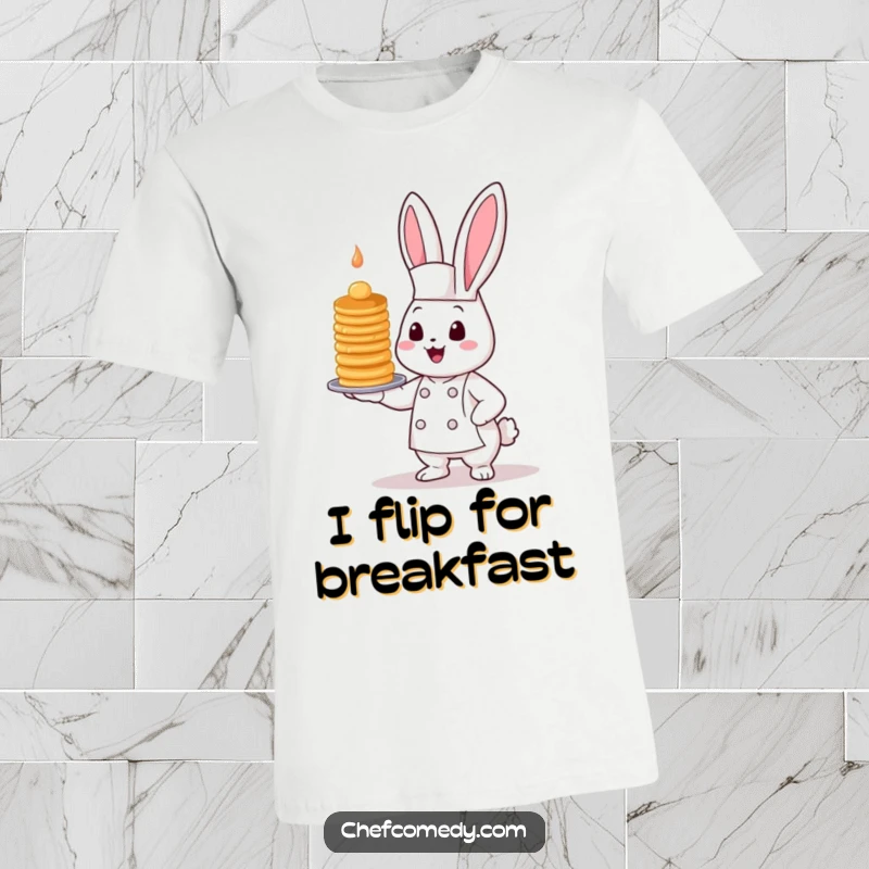 Funny Kawaii Bunny Chef T-Shirt showing a cute bunny proudly presenting a very tall, wobbly stack of pancakes.