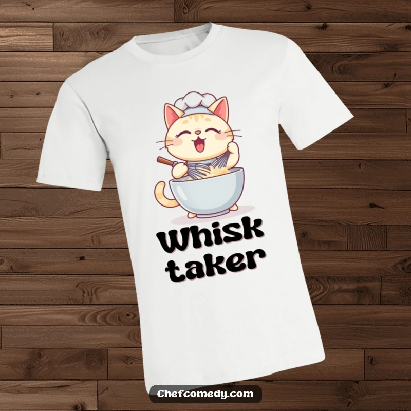 Funny kawaii cat chef t-shirt image of a determined feline chef whisking a bowl of batter with great enthusiasm.