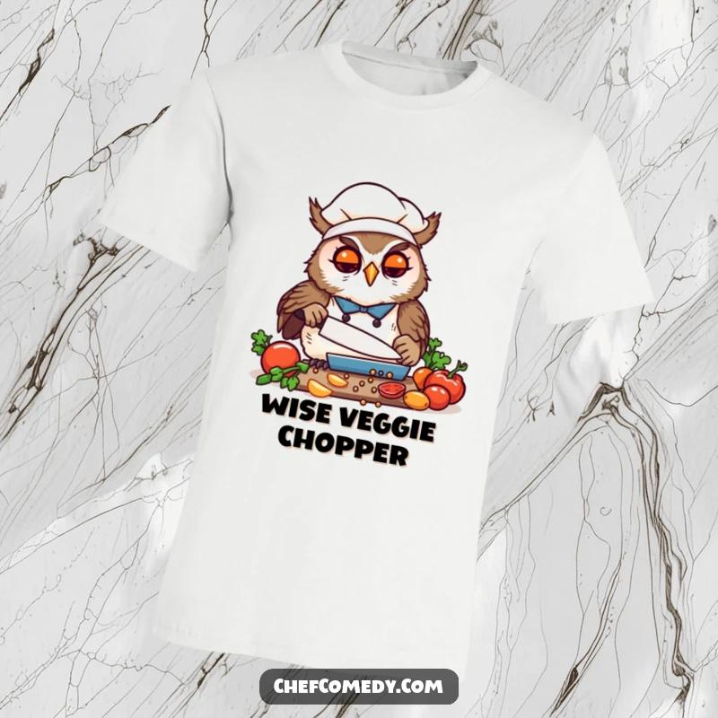 Funny Kawaii Owl Chef T-Shirt, a focused cartoon owl joyfully chopping vegetables with precision, a humorous and practical top.