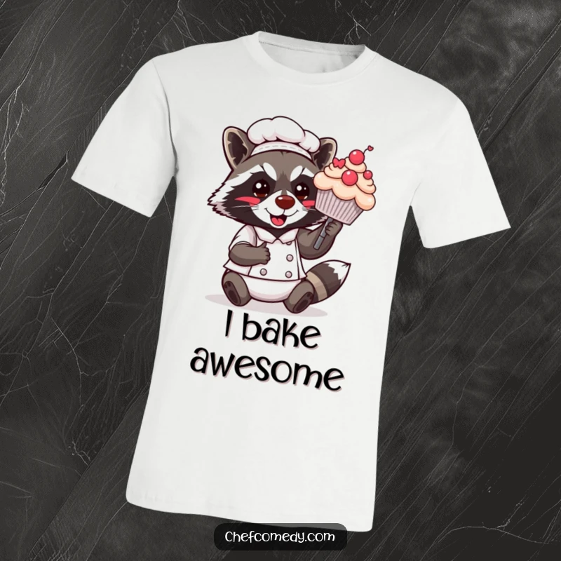 Funny Kawaii Raccoon Chef T-Shirt: A charming raccoon chef proudly displays a beautifully decorated giant cupcake with a flourish, ready to impress.