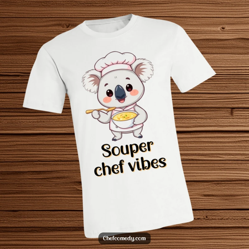 Funny Koala Chef T-Shirt: A cute koala chef wearing a hat, smiling and offering a tiny spoon of soup, a humorous foodie delight.