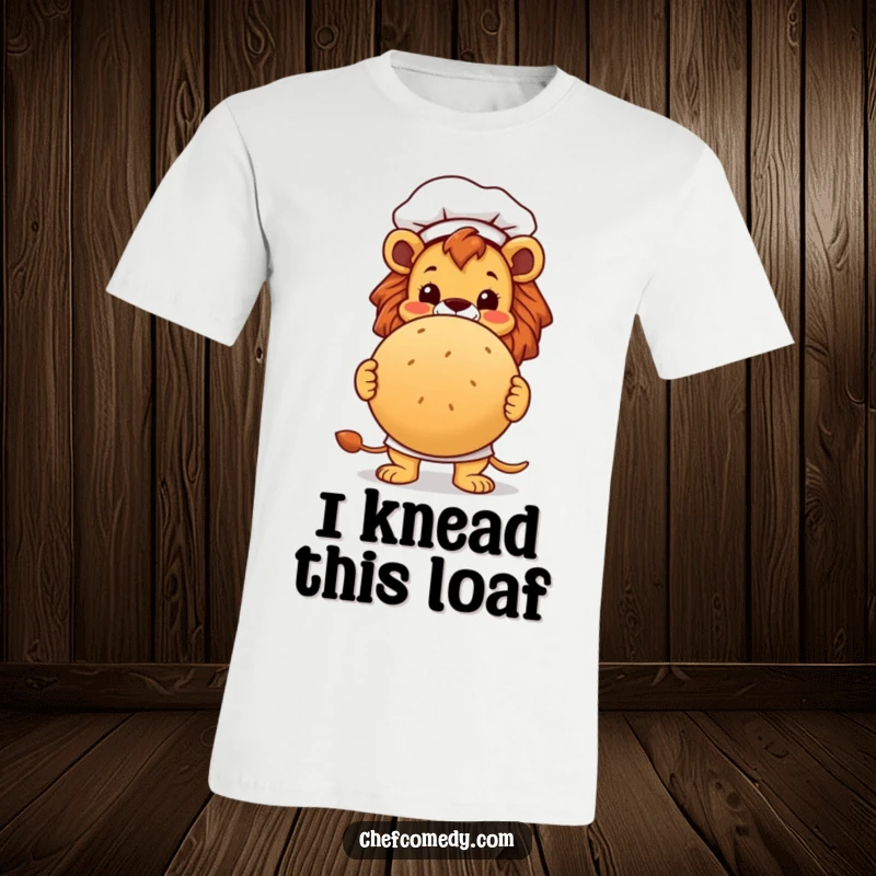 Funny lion chef wearing a chef hat, proudly displaying a large, round loaf of bread, perfect for foodie gifts.