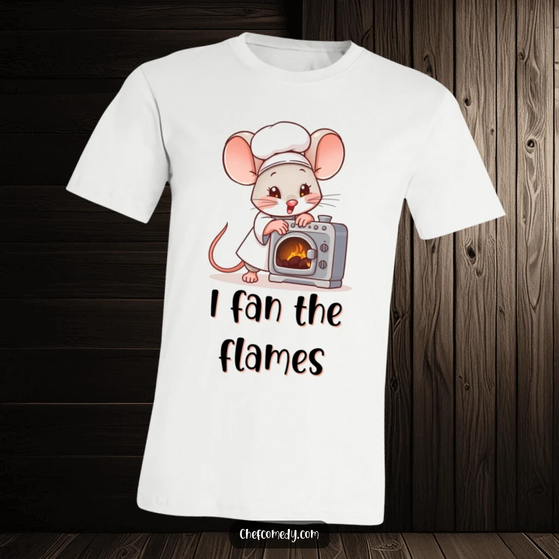 Funny mouse chef character fanning a tiny oven with great effort, small and determined, ideal for foodie gifts.