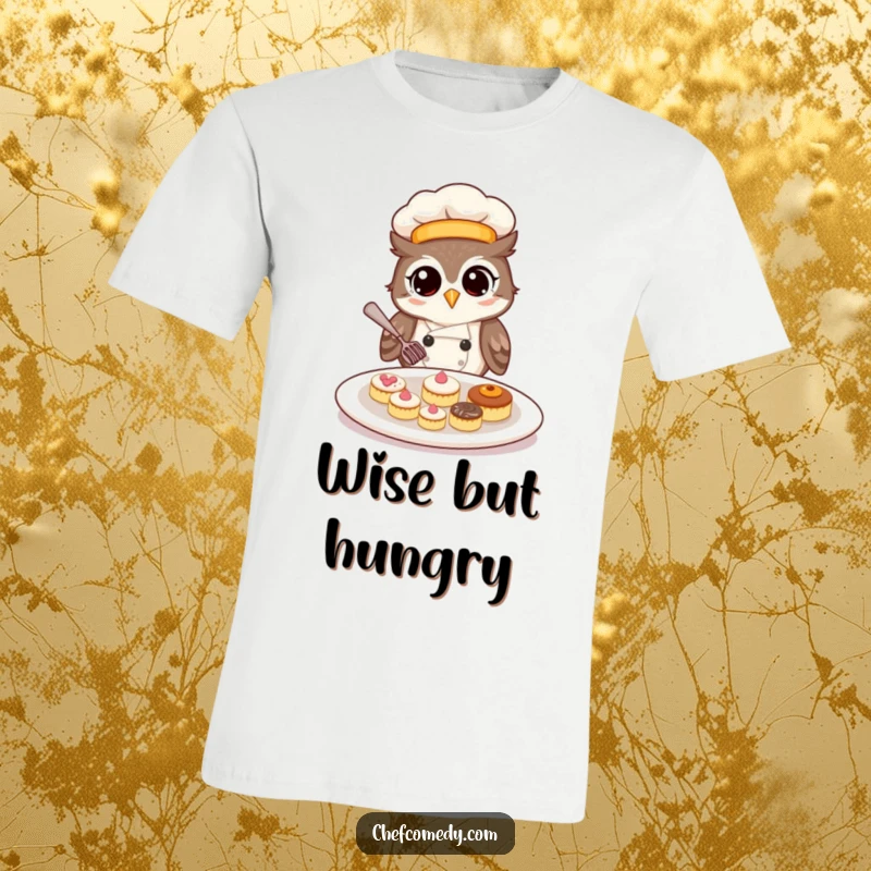 Amusing owl chef with glasses, arranging miniature pastries with great care, on a humorous t-shirt.