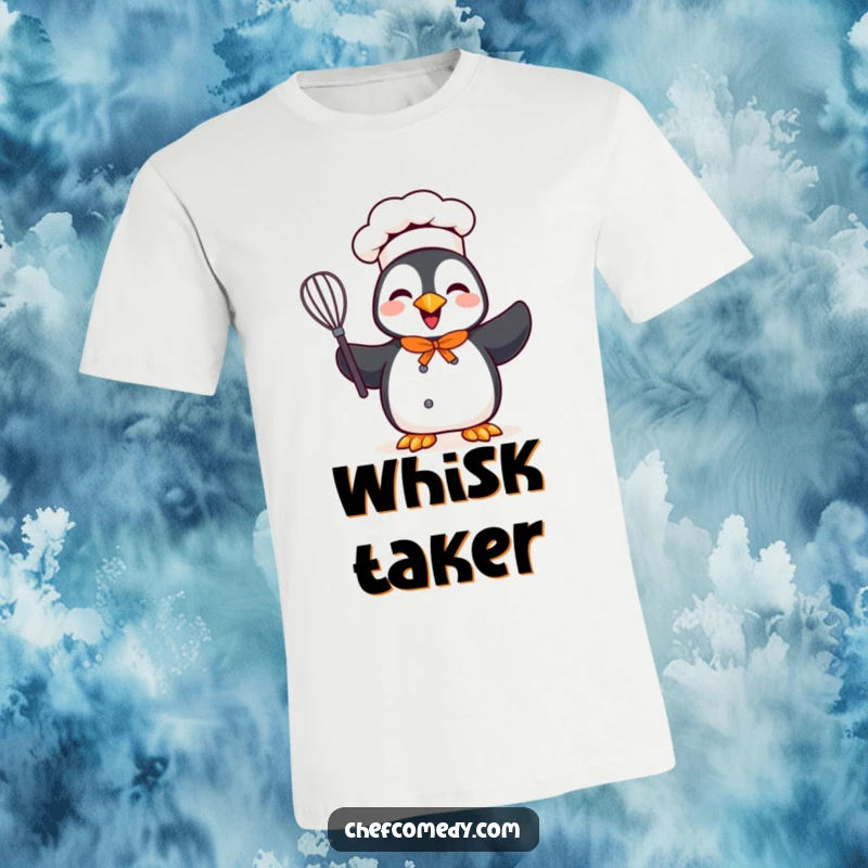 Funny t-shirt depicting a cheerful penguin chef character holding a whisk, embodying a joyful approach to cooking.