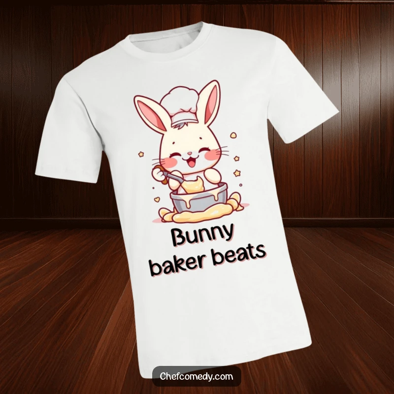 Funny t-shirt featuring a joyful rabbit chef character enthusiastically mixing batter, ideal for bakers and a charming funny gift.