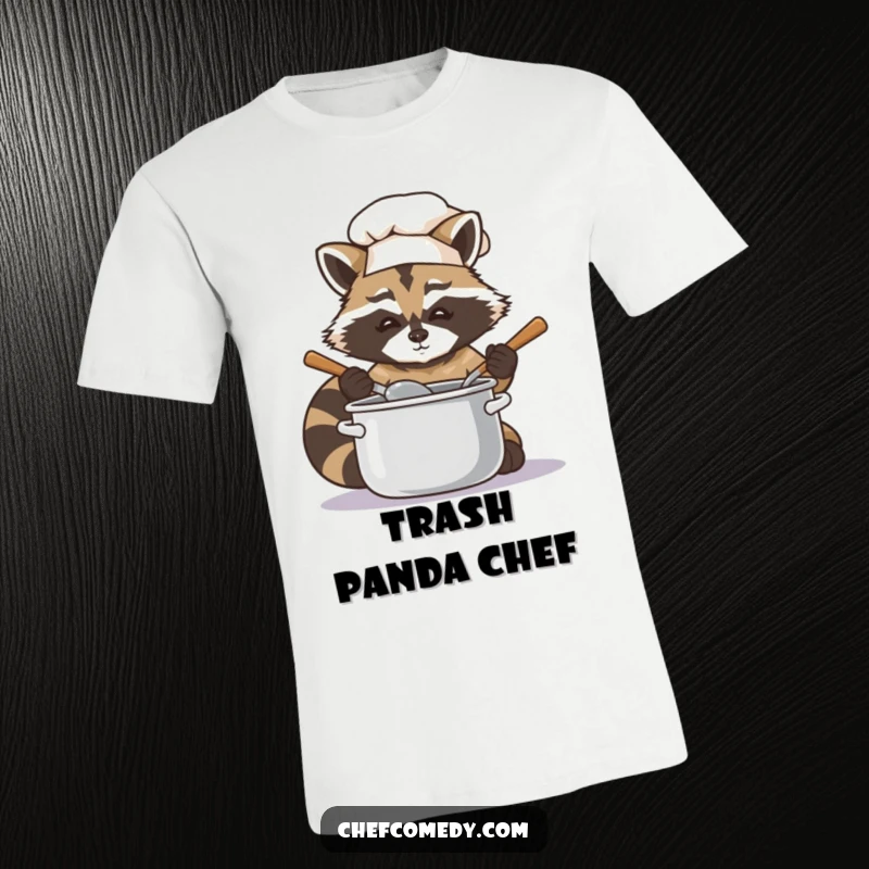Animated raccoon chef with a determined look, stirring a pot with a wooden spoon, on a humorous t-shirt.