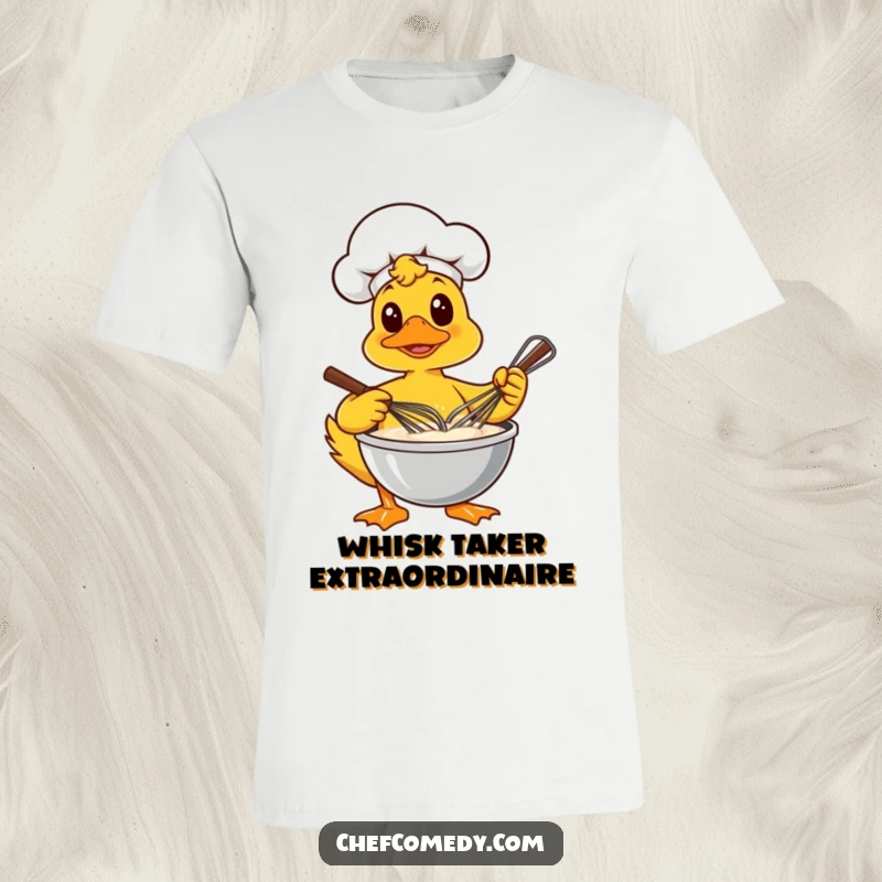 Funny t-shirt featuring a dedicated duck chef vigorously whisking a bowl of batter, perfect for baking enthusiasts and animal lovers.