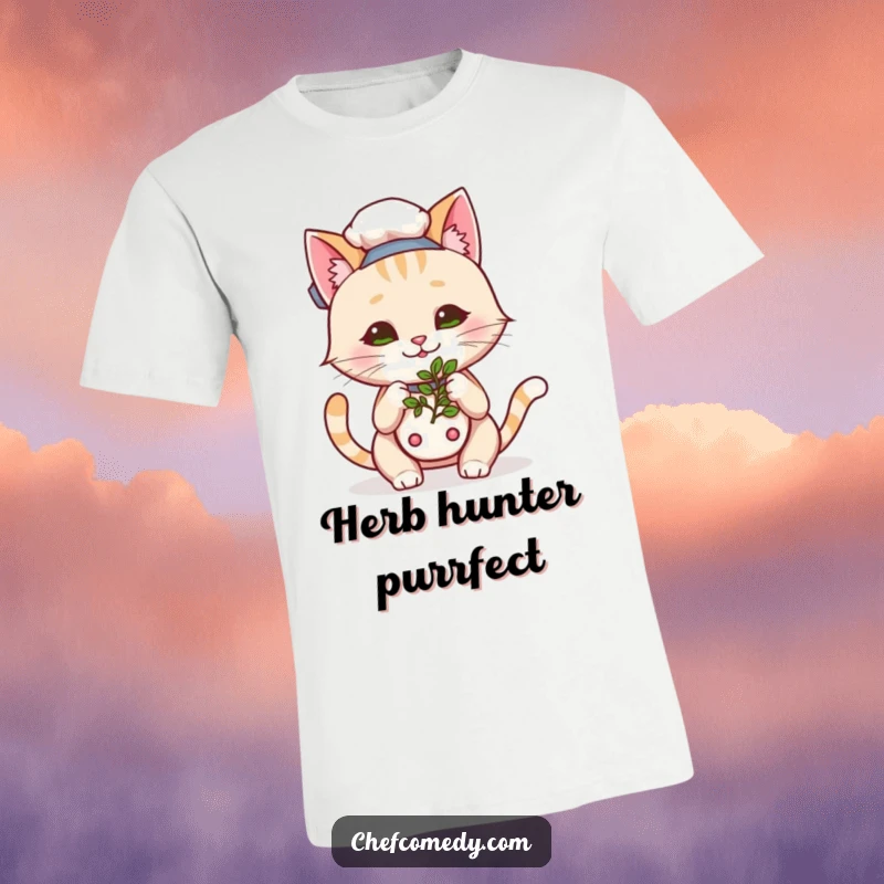 Funny Kawaii Cat Chef T-Shirt, a happy cartoon cat curiously sniffing a fragrant herb, a humorous and stylish top.