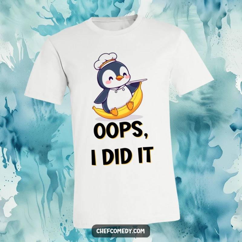 Funny Penguin Chef T-Shirt: A penguin chef comically slides on a banana peel with a plate, designed for maximum humor.
