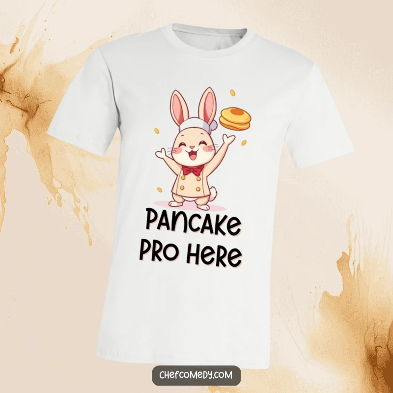 Funny T-shirt showcasing a happy rabbit chef enthusiastically tossing a pancake, perfect for foodies and breakfast lovers, a charming design.