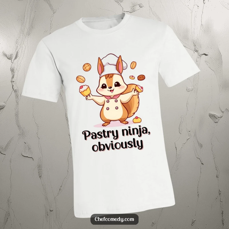 Funny Kawaii Squirrel Chef T-Shirt: A cute, energetic cartoon squirrel chef hilariously juggles a variety of miniature pastries, perfect for fun-loving foodies.