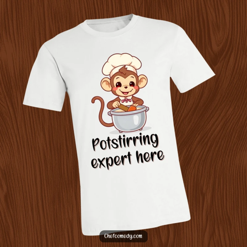 Funny Monkey Chef T-Shirt: A playful monkey chef stirring a pot, embodying culinary mischief and fun.