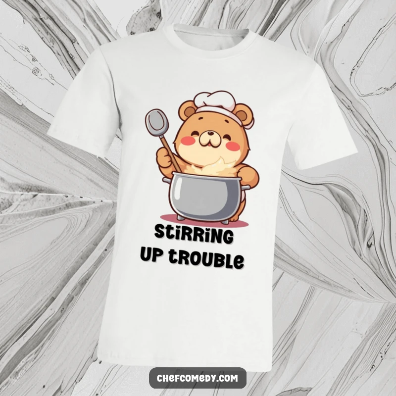 Funny Bear Chef T-Shirt: An enthusiastic bear stirs a large, bubbling pot with a big spoon, looking focused.