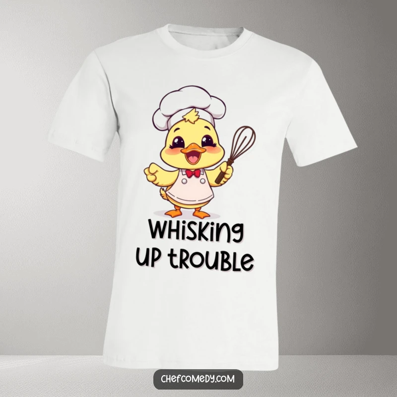 Funny duck chef wearing an apron and holding a whisk with excitement, printed on a t-shirt.