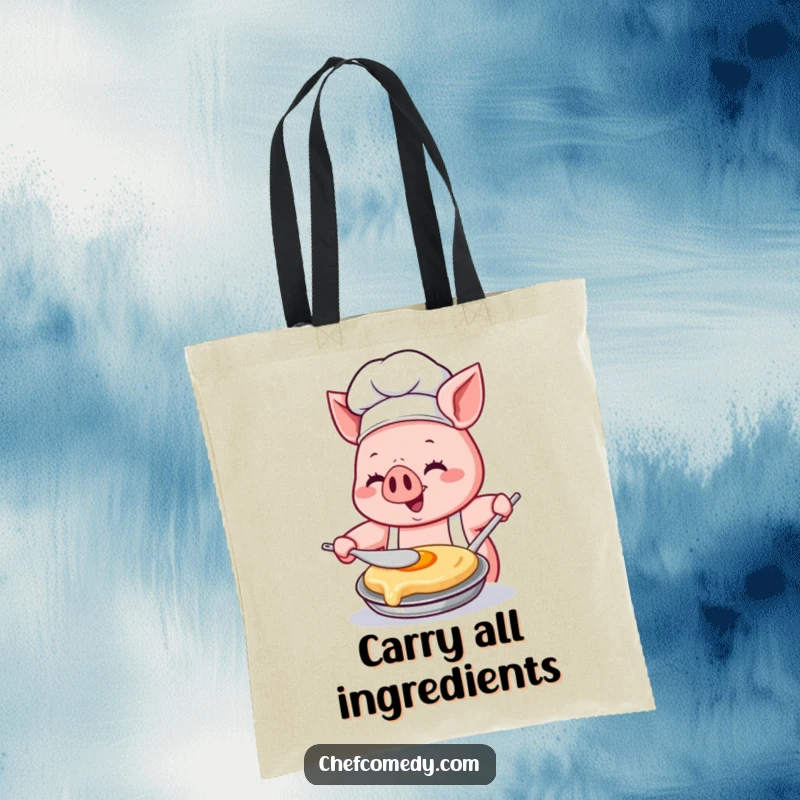 Funny Kawaii pig chef tote bag, depicting a pig chef happily flipping a pancake with intense concentration and joy, a culinary accessory.