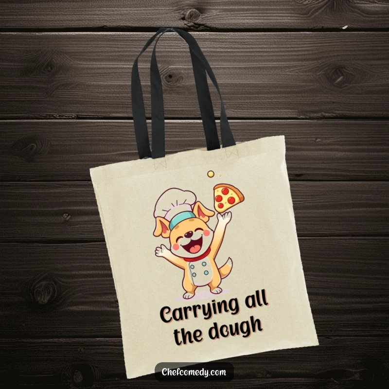 Funny dog chef tossing pizza dough high in the air, a humorous and practical tote bag for market runs or everyday use.