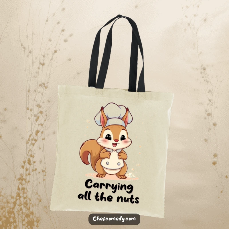 Funny squirrel chef character happily sprinkling flour with a chest puff, printed on a durable tote bag for shopping.