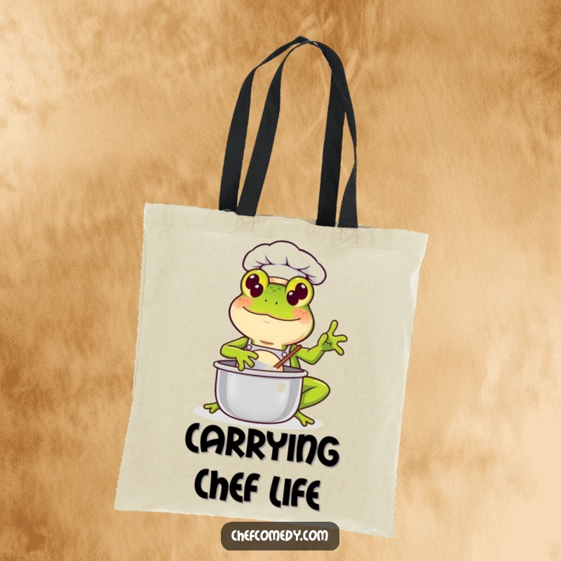 Funny Kawaii Frog Chef Tote Bag: A smiling kawaii frog chef is ready to stir up deliciousness, perfect for carrying groceries or essentials.