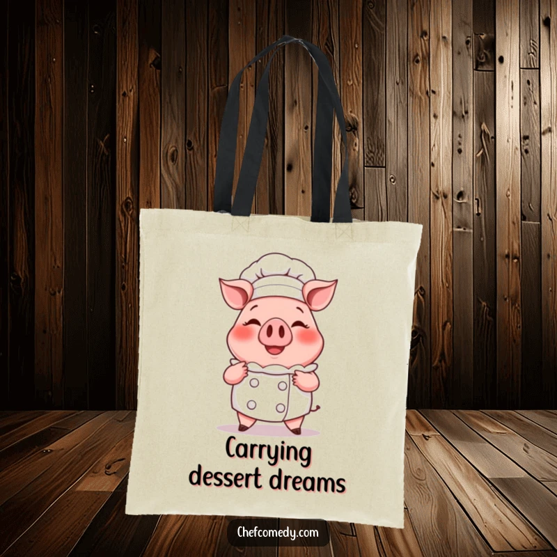 Funny tote bag with a smiling cartoon pig chef proudly presenting a giant cupcake, perfect for carrying groceries or baked goods.