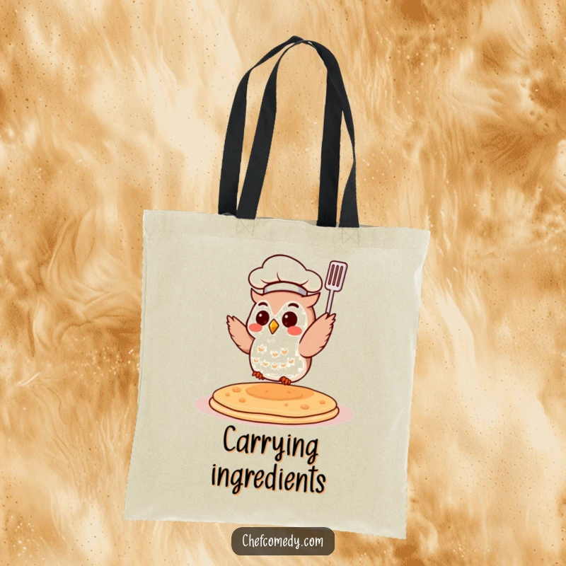 Funny Chef Owl Tote Bag: A small owl in a chef hat flips a pancake. A charming and practical bag for kitchen essentials.