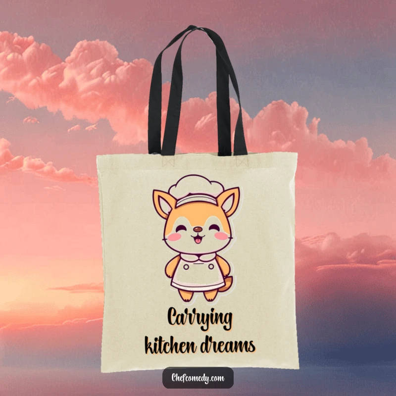 Funny Kawaii Animal Chef Tote Bag, wearing a chef hat and apron, perfect for carrying groceries with culinary-themed humor.