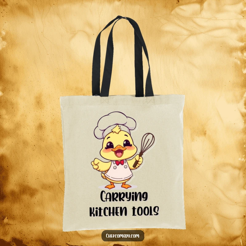 Funny duck chef character with apron and whisk, printed on a durable tote bag for shopping.