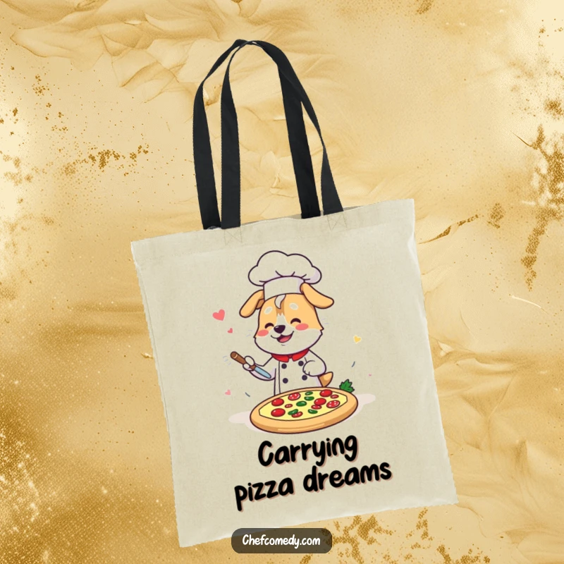 Funny Kawaii Dog Chef Tote Bag, a cheerful cartoon dog artist decorating a pizza quickly, practical and humorous for shopping.
