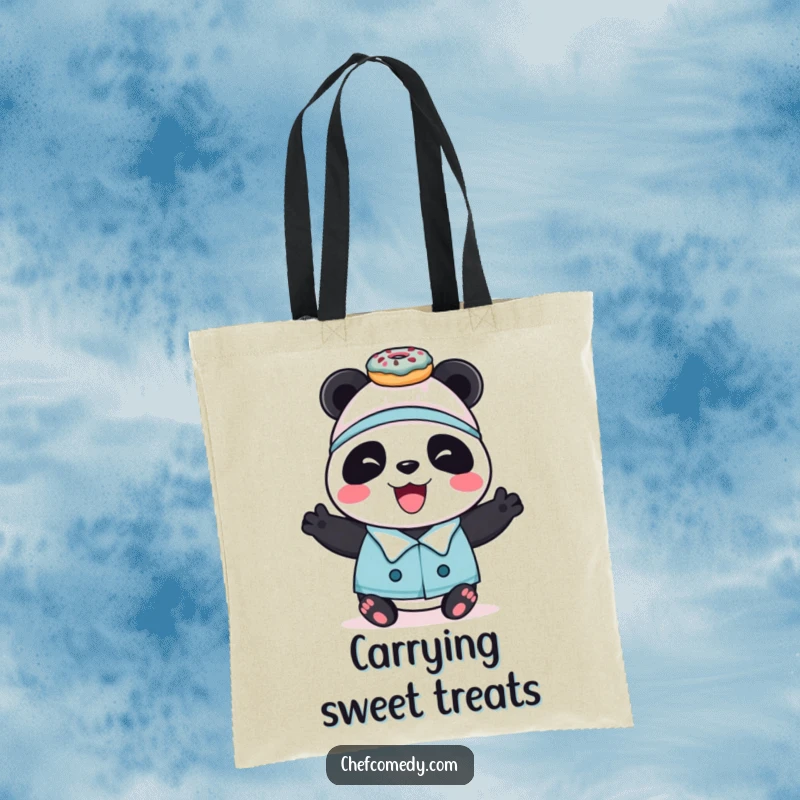 Funny panda chef character balancing colorful donuts, printed on a durable tote bag for shopping.