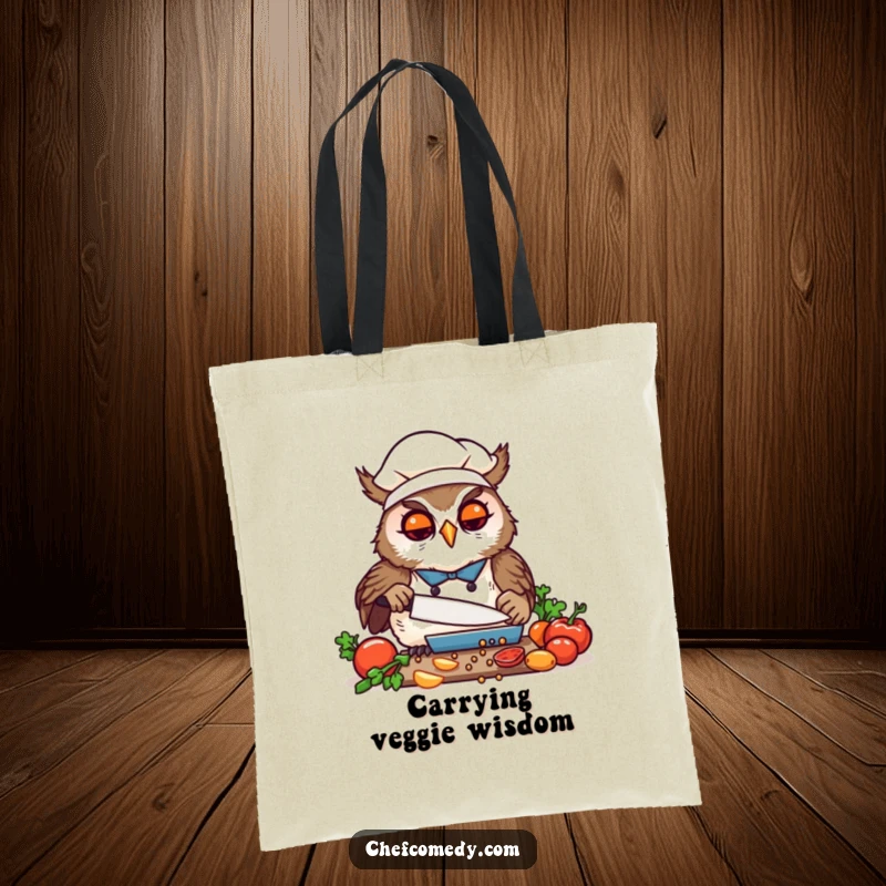 Funny Kawaii Owl Chef Tote Bag, a cute cartoon owl precisely chopping vegetables, practical and humorous for market trips.