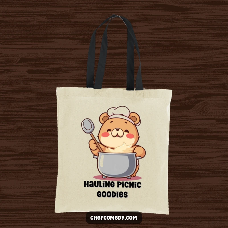 Funny Bear Chef Tote Bag: An enthusiastic bear stirs a large pot, perfect for grocery shopping.