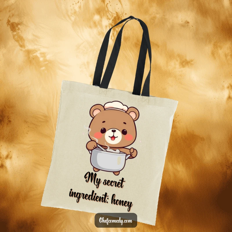 Funny Bear Chef Tote Bag depicting a bear chef stirring a pot, excellent for a humorous shopping companion.
