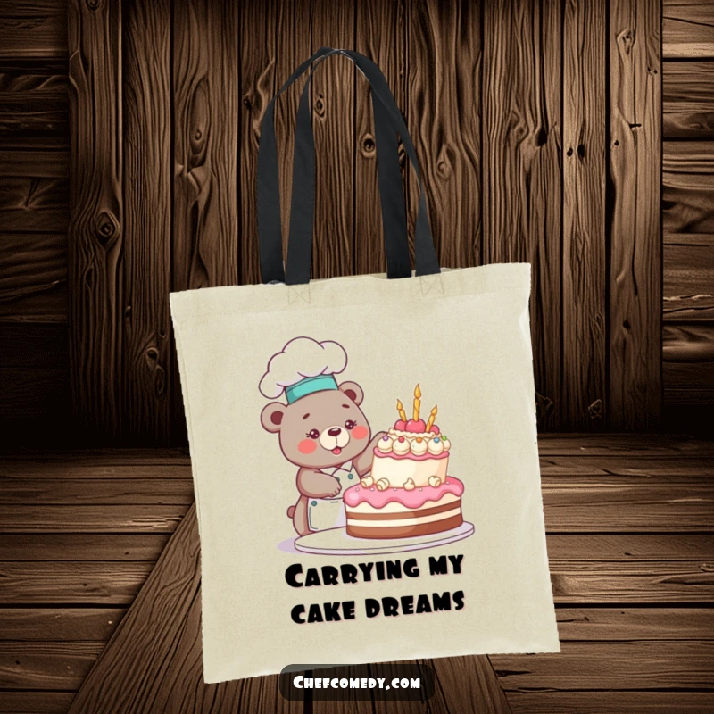 Funny bear chef character with a piping bag, enthusiastically decorating a large, celebratory cake, ready for shopping trips.