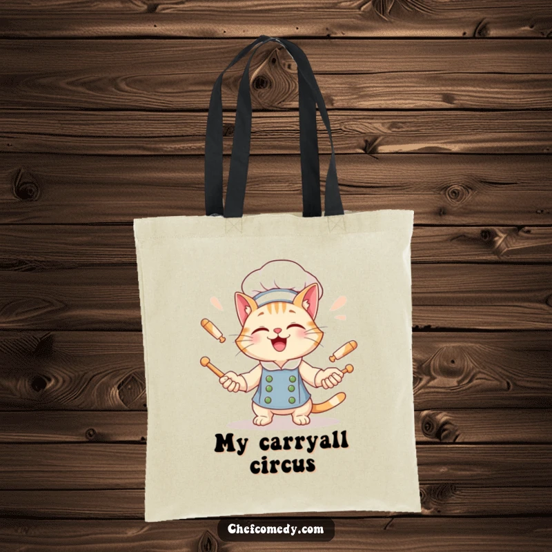Funny Cat Chef Tote Bag: A grinning cat chef playfully juggles rolling pins, perfect for stylish errands.