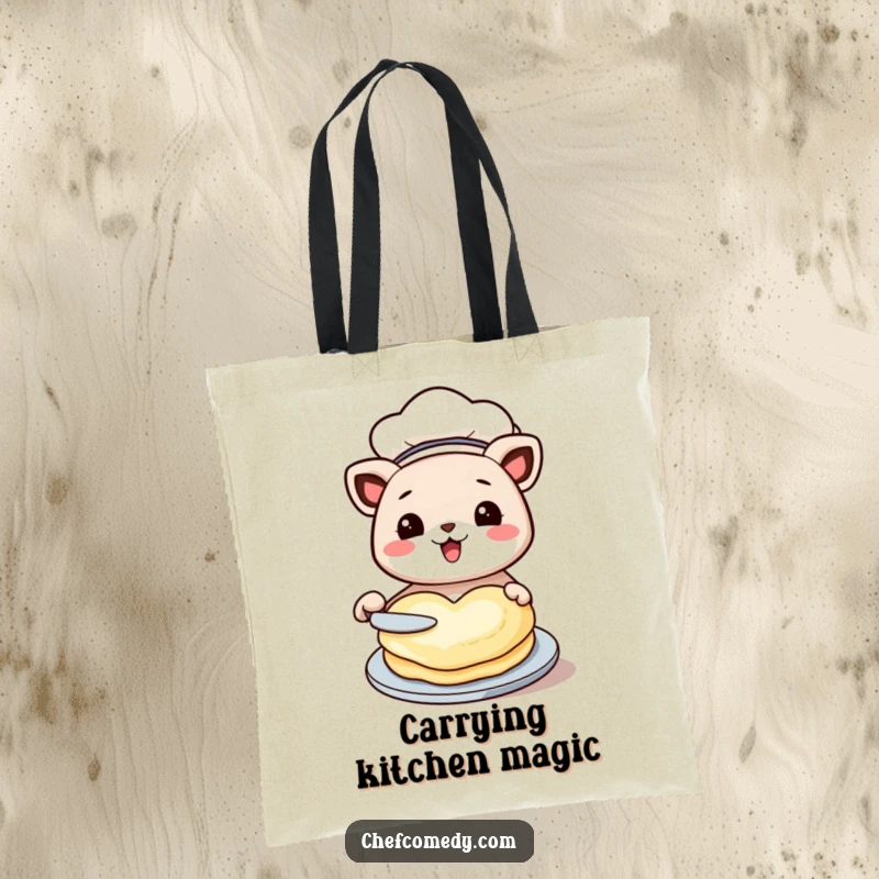 Funny kawaii animal tote bag, dressed as a chef, gleefully flipping a heart-shaped pancake, perfect for culinary adventures.
