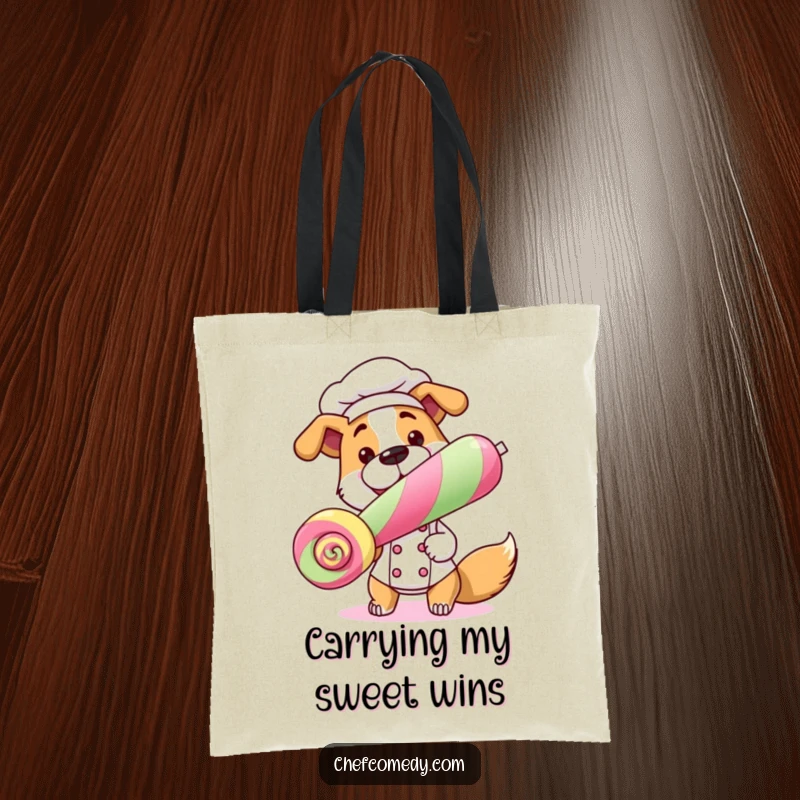 Funny Dog Chef Tote Bag featuring a dog chef with a lollipop, excellent for carrying essentials humorously.