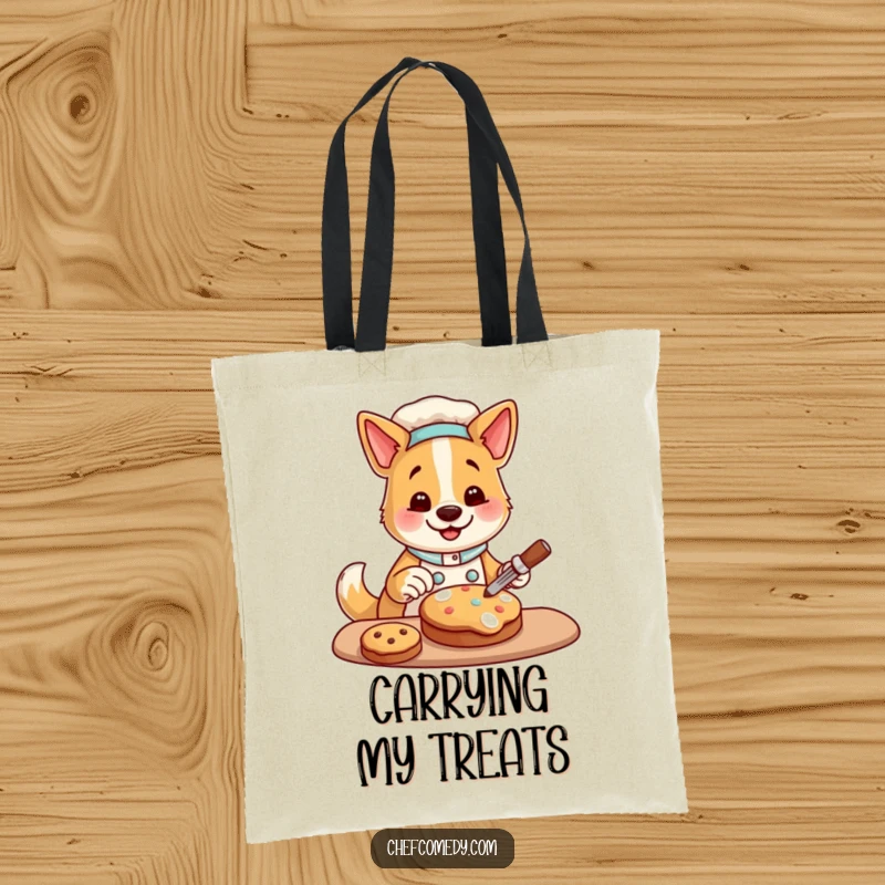 Funny tote bag featuring a happy dog chef character decorating a cookie, ideal for carrying baking supplies with a humorous touch.