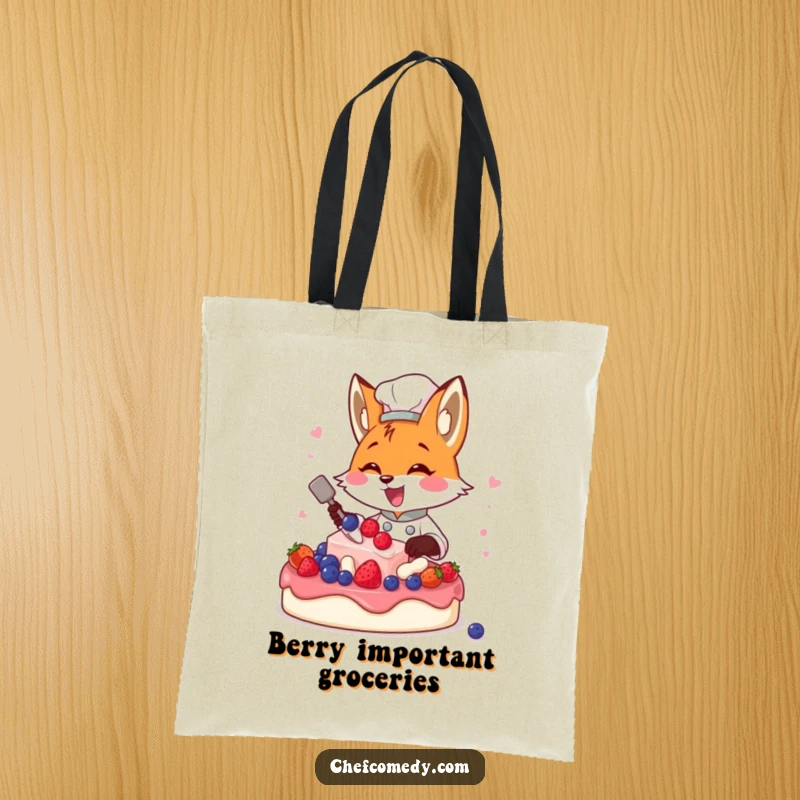 Funny fox chef excitedly decorating a cake with berries, a humorous and practical tote bag.