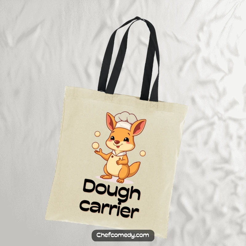 Funny kangaroo chef tote bag featuring a marsupial baker juggling pastry dough, perfect for carrying kitchen supplies.