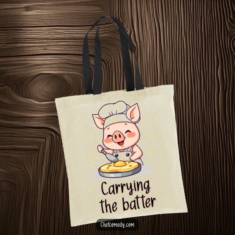 Funny kawaii pig chef tote bag, a happy pig concentrating on flipping a pancake with glee, perfect for groceries.