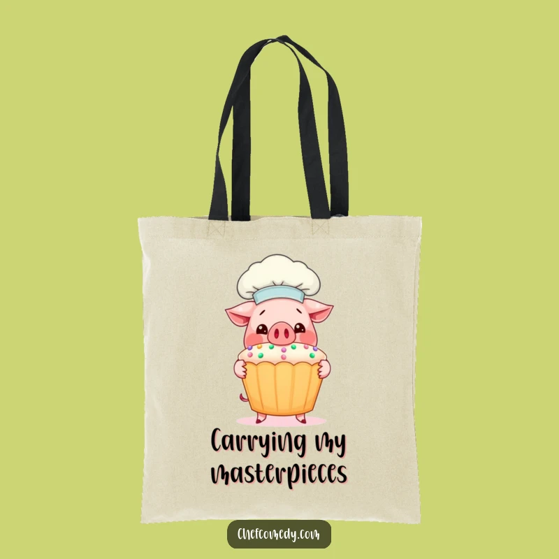 Funny Pig Chef Tote Bag: Carry Your Goods with a Smiling Pig Chef & Giant Cupcake