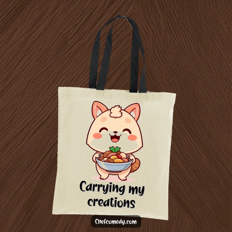 Funny kawaii animal tote bag, with a proud smile, presenting a delicious dish it has artfully prepared.