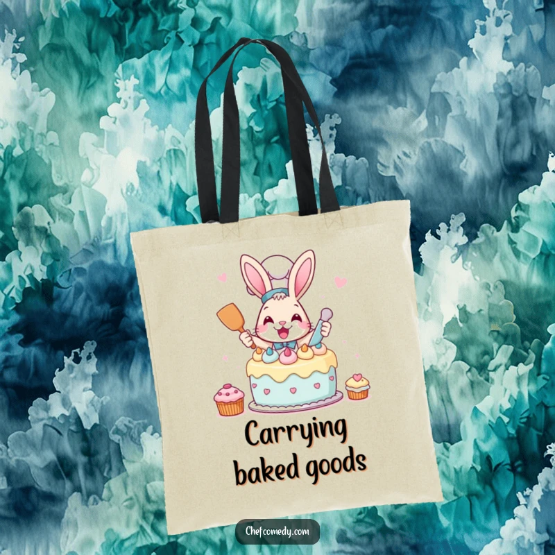 Funny Rabbit Chef Tote Bag depicting a rabbit chef frosting a cake, excellent for carrying baking supplies.