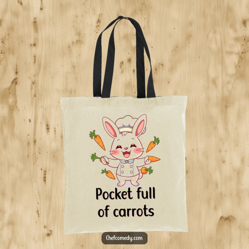 Funny rabbit chef character juggling carrots with a wide smile on a durable tote bag, perfect for shopping.