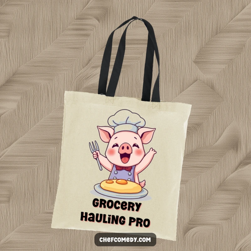 Funny tote bag showcasing a cute pig chef in the midst of a joyful pancake flip, ready for kitchen adventures.