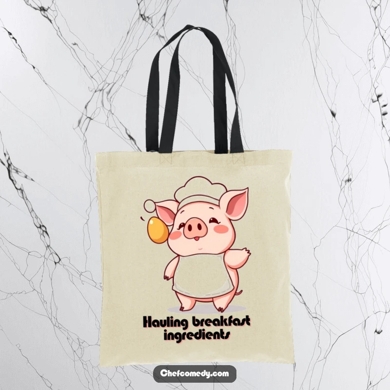 Funny Kawaii Pig Chef Tote Bag with a tiny apron, showing a surprised pig reacting to a flying egg, for everyday use.