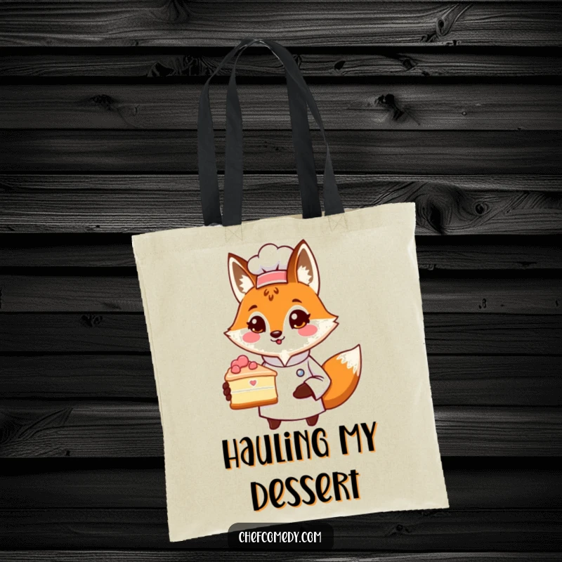 Funny tote bag featuring a proud fox chef character presenting a slice of cake, ideal for carrying baking essentials with a humorous touch.